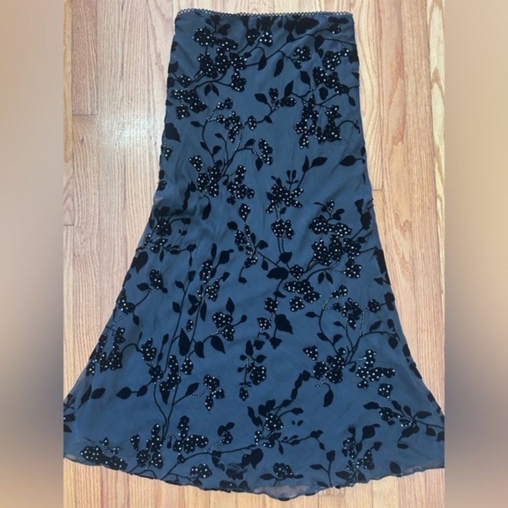 XSCAPE Black Velvet Burnout Silk Beaded Maxi Skirt 16 Formal Evening Wedding - Picture 5 of 15